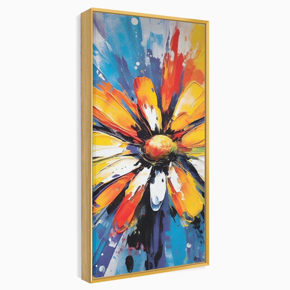 Tablou canvas cu pictura abstracta cu floare colorata, in rama de aluminiu auriu